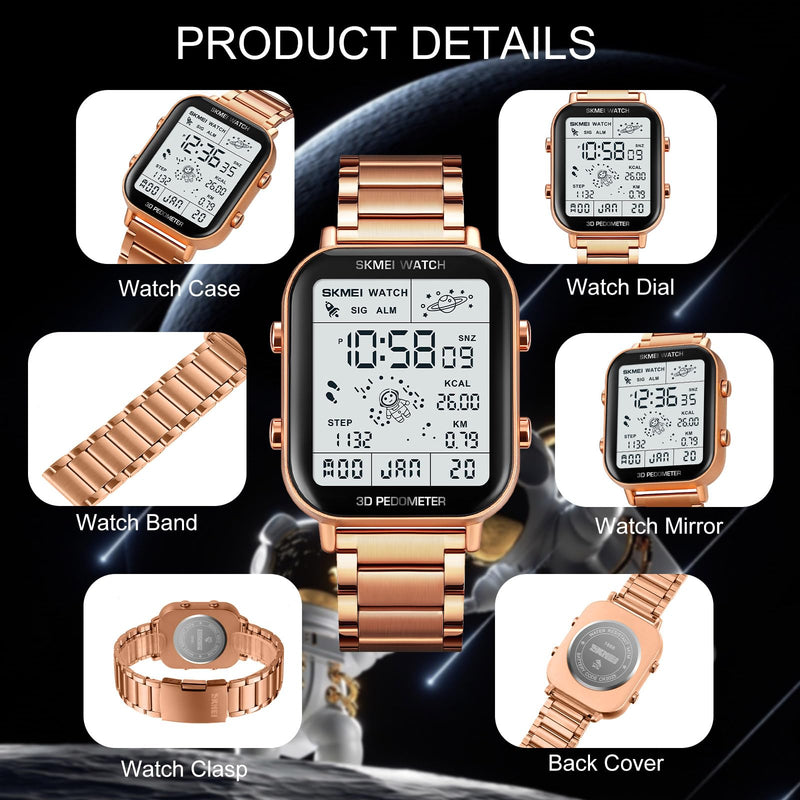 SKMEI Watch for Men Square Dial 3D Pedometer Sports Digital Watch with 50M Waterproof Luminous Countdown Stopwatch Dual Time Display Alarm 1888-Rose Gold - BeesActive Australia