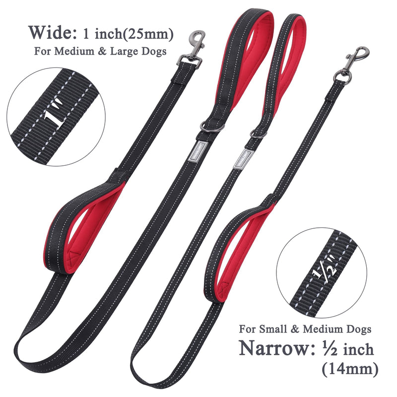 VIVAGLORY Traffic Handle Dog Leash, Two Padded Soft Handles Dog Leash, Strong Reflective & Metal Hook Training Dog Lead, Black 4 ft. x 1 in. (25~120 lbs.) - BeesActive Australia