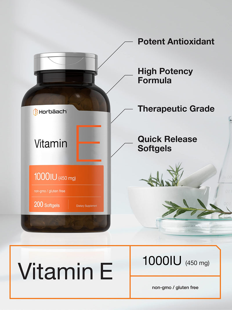 Horbäach Vitamin E 1000 IU Softgel Capsules | 200 Count | Non-GMO, Gluten Free, Preservative Free | Vitamin E Oil - BeesActive Australia