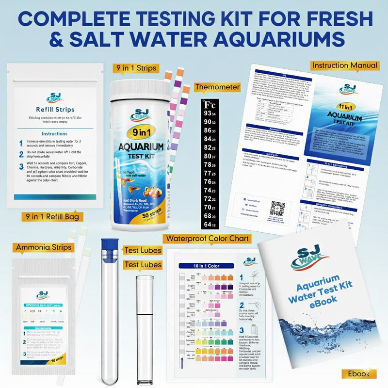 11 in 1 - Aquarium Test Strips | 950 Tests - 150 Strips | Fish Tank Aquariums Water Test Kit & ebook | Aquarium Thermometer | Fish Tank Water Testing Kit Includes 50 Ammonia Strips | Versatile Usage 11