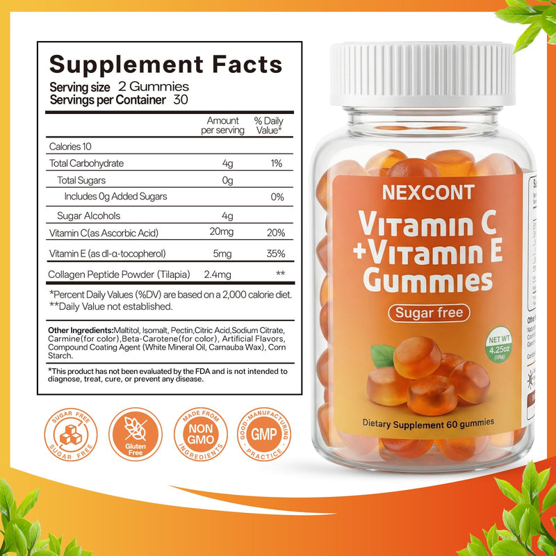 Vitamin C Gummies for Adults, Sugar Free with Vitamin E & Collagen Supports Immune & Skin Health Non-GMO,Gluten Free