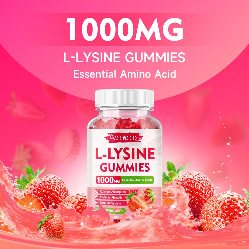 MEENCCD 2 Pack L-Lysine 1000mg Gummies, Lysine Supplement for Adults & Kids, Essential Amino Acid for Oral & Lips Health, Boost Immune & Calcium & Collagen, Sugar-Free, Strawberry Flavor, 120 Count 60 Count (Pack of 2)