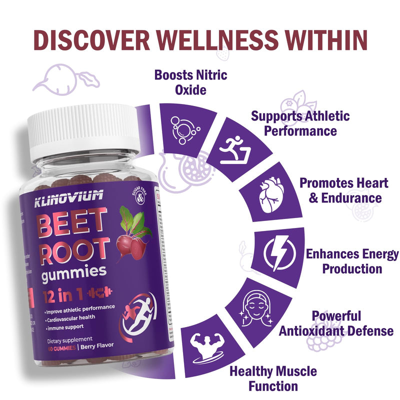 Nitric Oxide Beet Root Gummies 6000MG with Grapeseed Powder, Pomegranate Powder, Glutathione, Vitamin C & B12 – Sugar-Free, Mixed Berry Flavor – 60 Gummies