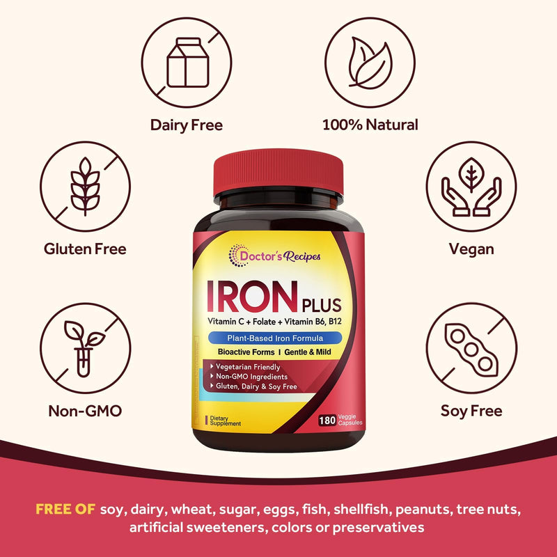 Doctor's Recipes Iron Supplement for Women Men - Gentle Iron Bisglycinate with Vitamin C, B6, Folate & B12, Stomach Friendly Iron Pills, 180 Vegan Caps 180 Count (Pack of 1)