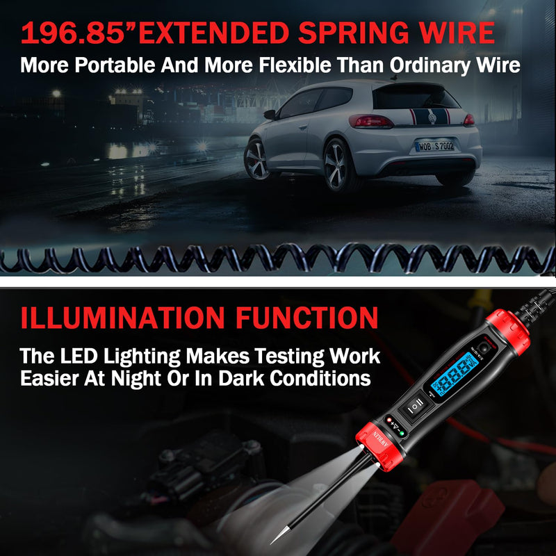 Upgrade Power Circuit Probe Tester, LCD Digital Automotive Test Light with Voltmeter&Illumination, DC Auto Voltage Tester, Relay Fuse Component Continuity Current Resistance Frequence Test.