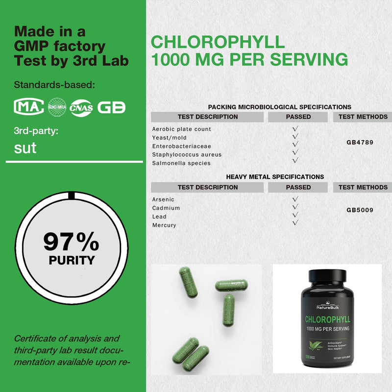 Chlorophyll Capsules 1000mg - 100% Natural Potency Concentration for Women & Men, Gut Health, Skin Support - Natural Energy Booster, 120 Capsules