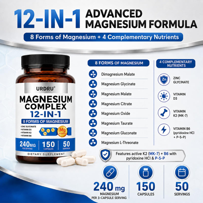 12-in-1 Magnesium Complex Supplement, 8 Forms with Vitamins D3, K2, B6 and Zinc Glycinate, 240 mg per Serving, 150 Veggie Capsules (1 Pack) 1