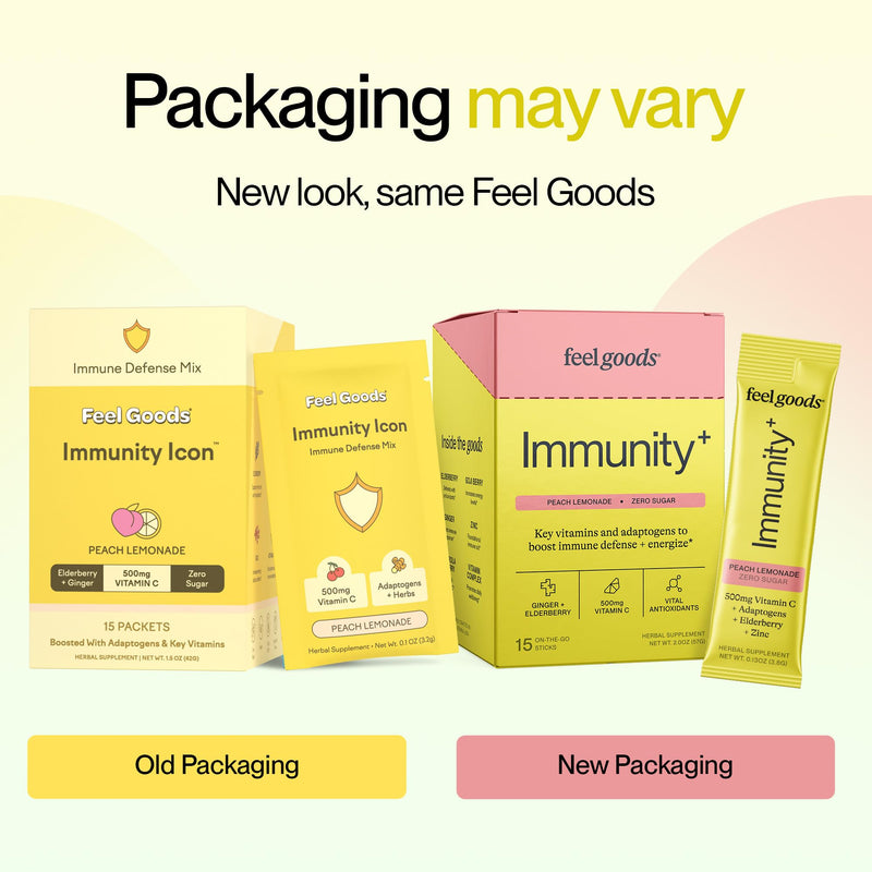 Feel Goods Immunity Icon, Vitamin C Immune Support Powder Packets, 15 Count | Immunity Plus, 500mg Vitamin C, Elderberry, Ginger, Turmeric, Vitamins for Immune Health, Sugar-Free, Caffeine-Free Drink Mix 15 Servings (Pack of 15) Peach Lemonade