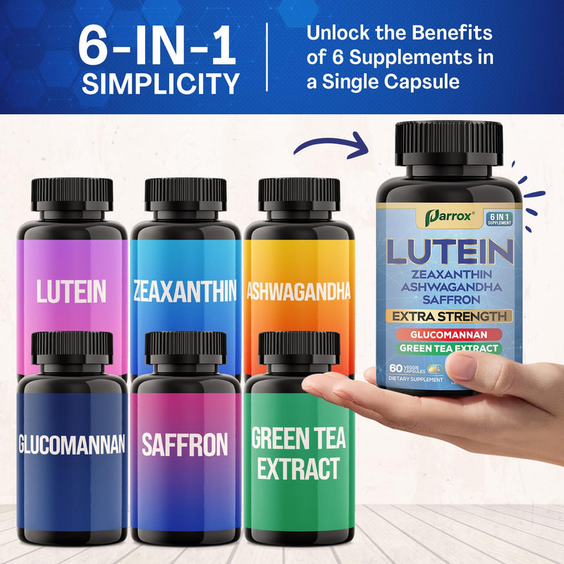 Lutein & Zeaxanthin Eye Vitamins for Adults, Vision Support, 60 Capsules | Vision Health Support with Ashwagandha, Saffron, Green Tea Extract & Glucomannan, Plant-Based Formula 60 Count (Pack of 1)