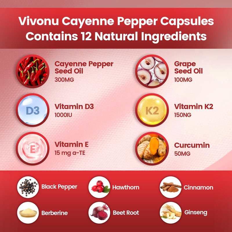 VivoNu Cayenne Pepper Softgels | Leg Vein & Heart Support, Hawthorn, Beetroot & Berberine (2 Bag) | Supports* Leg Vein, Heart & Blood Vessel Health; Vitamin E, D3+K2, Grape Seed, Hawthorn, Beetroot & Berberine 2 Bag