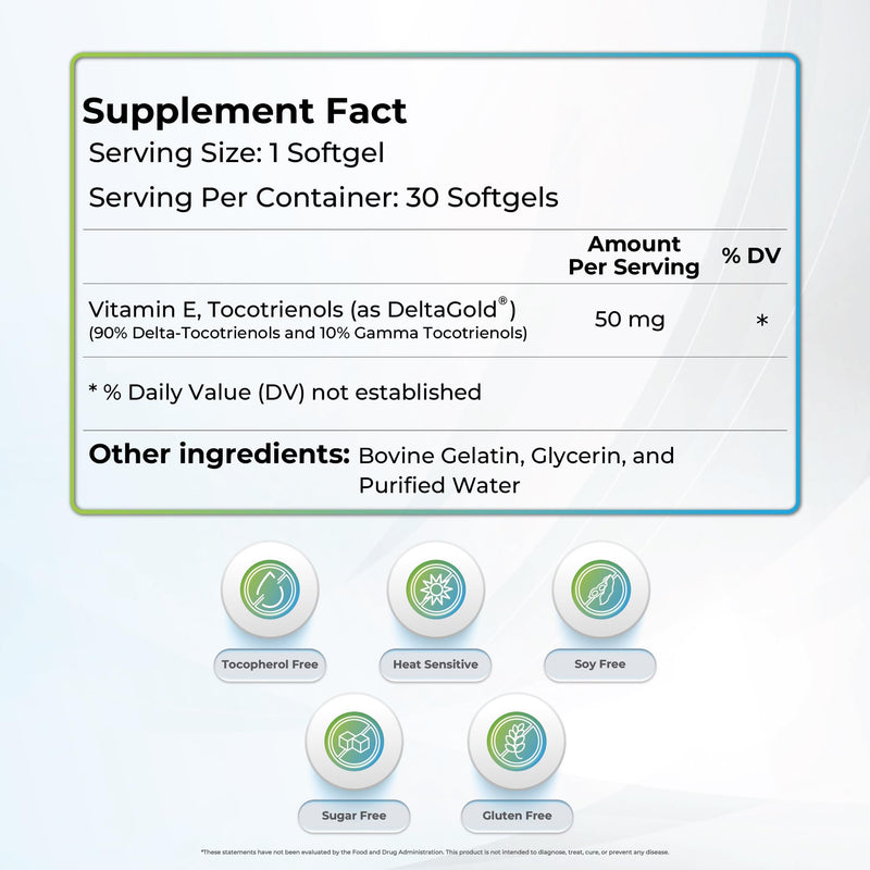 Eannatto Tocotrienols Deltagold Vitamin E Supplements Softgels, Tocopherol Free, Supports Immune Health, NON-GMO, Gluten Free & Antioxidant (50MG 30 Softgels). 30 Count (Pack of 1) - BeesActive Australia