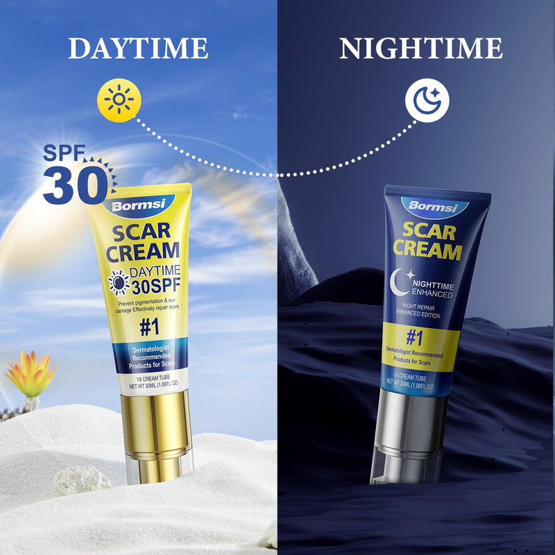 BORMSI Scar Cream,SPF 30 Suncreen & PM Silicone Intensive Overnight Scar Gel Reduces the Appearance of Scars from Surgical Scars,Stretch Marks,Keloid, 2 Tube,1.76 oz/Tube - BeesActive Australia