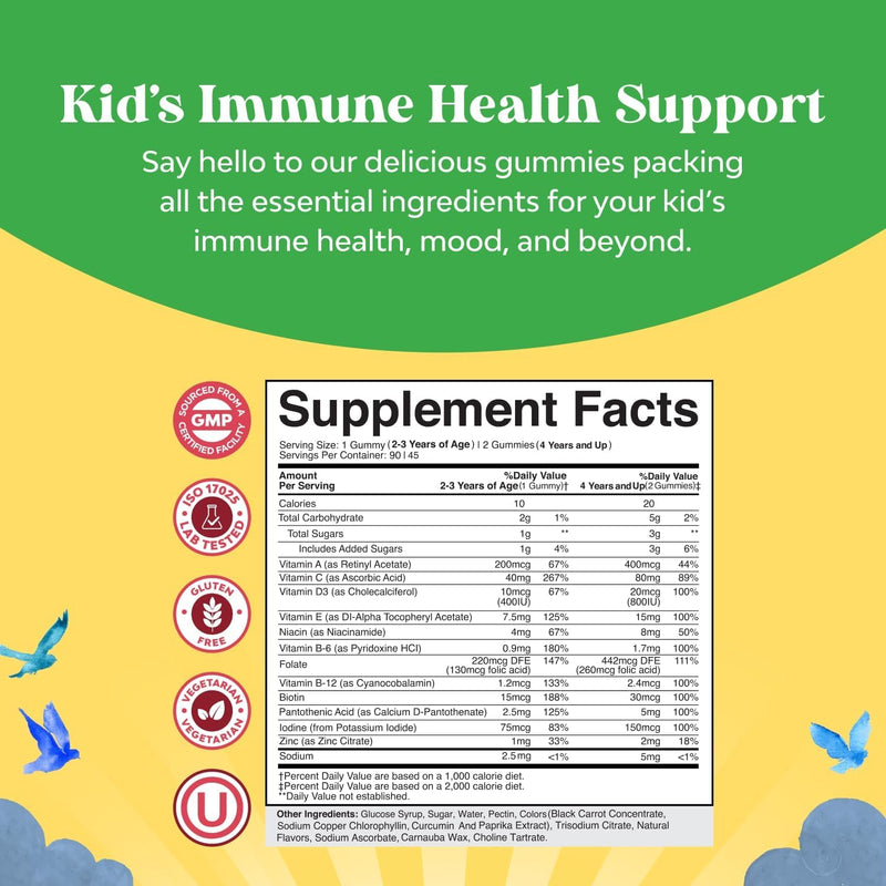Plant Based Kids Multivitamin Gummies - Energy & Immune Support - 90 Ct | Multivitamin for Kids with Vitamin D3, C, A & Zinc - Supports Nervous System, Bones & Vision - Gelatin & Gluten Free -Non GMO 90 Count (Pack of 1)