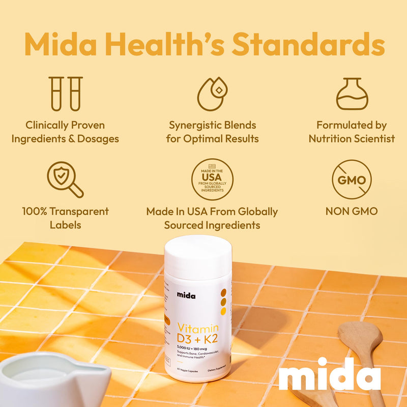 Vitamin D3 K2 5000 IU with MK7 (180 mcg) | Natural Supplement for Bone Strength, Heart Health, and Immune Support | Vegan Capsules | 60 Servings