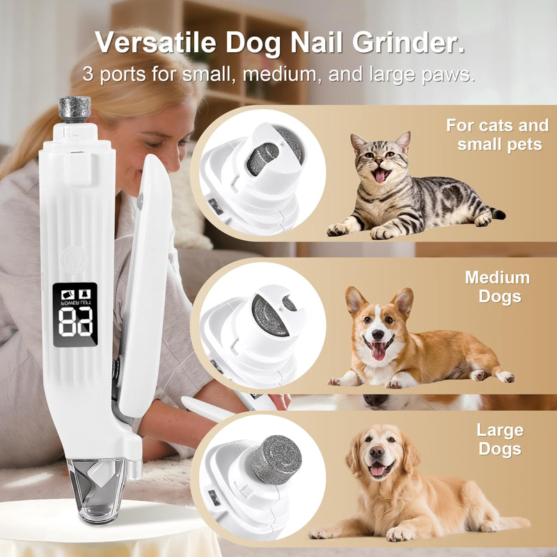 SZMDLX Dog Nail Clippers with Light, 2-in-1 Dog and Cat Nail Clipper with Grinder, Quiet Pet Nail Trimmer for Small Medium Large Dogs and Cats, USB Rechargeable White