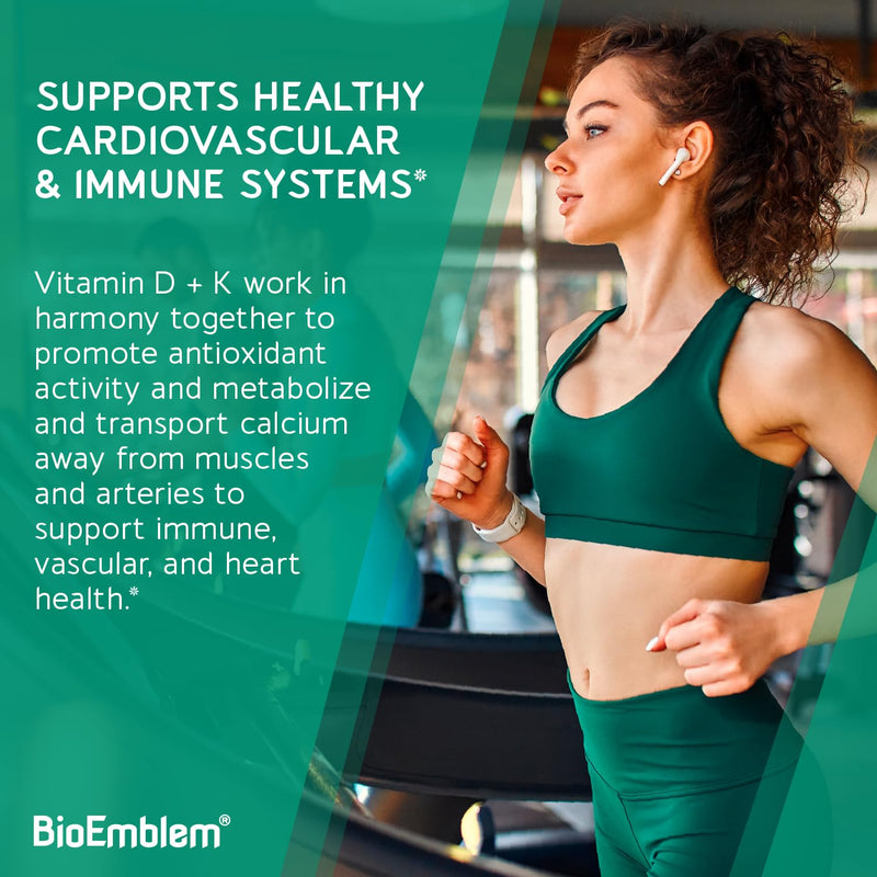 BioEmblem Vitamin D3 K2 Capsules (5000IU and 200mcg) - Patented MK7 and MK4 for 3-in-1 Complex Support - Vegetarian Vitamin D K2 Supplement for Teeth, Heart, Immune System - Non-GMO, 90 Caps | 3-In-1 Complex With Patented MenaQ7 for Calcium, Bone, Teet...