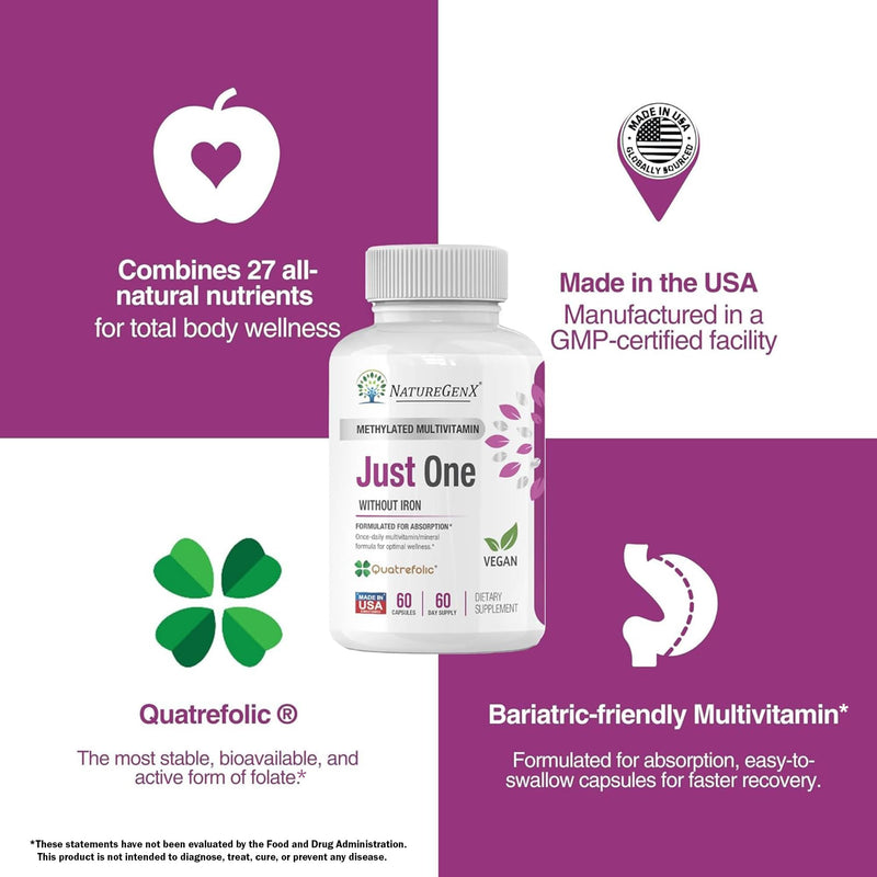 NatureGenX Just One Daily Methylated Multivitamin, 60 Capsules | Iron-Free with Methyl B12 & Methylfolate, Methylation Support for Men & Women, Vegan, Gluten-Free, Non-GMO 1