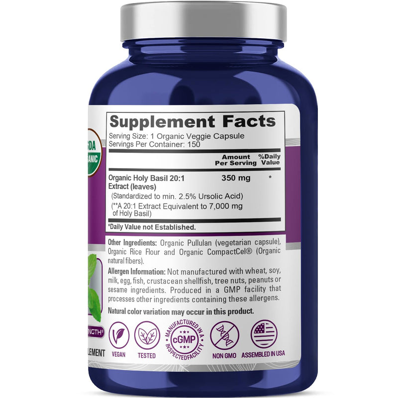 NusaPure USDA Organic Holy Basil Capsules 20:1 Extract, 350 mg Equivalent to 7,000mg | 150 Vegan Caps | Tulsi Holy Basil Leaf Extract | 2.5% Ursolic Acid | Non-GMO 150 Count (Pack of 1)
