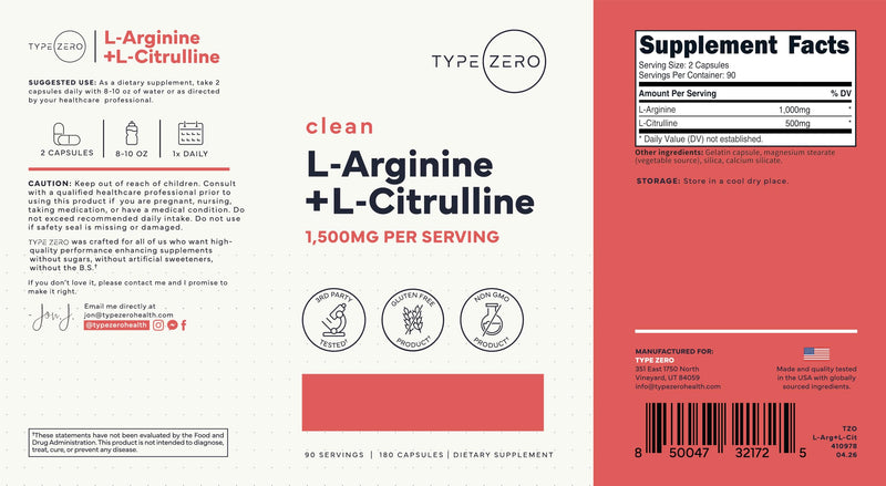Type Zero L-Arginine + L-Citrulline Supplement (1500mg) 180 Capsules | Nitric Oxide Booster, Clean, Keto-Friendly, GMO-Free, 90 Servings