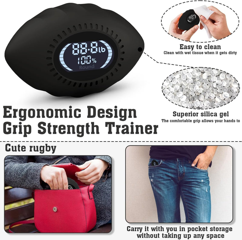 Digital Stress Relief Grip Ball for Adults & Kids, Grip Strength Tester, Hand Strength Gripper up to 220lbs, Forearm Strengthener with Progress Bars & Cheer Sound, Fitness Gift Black