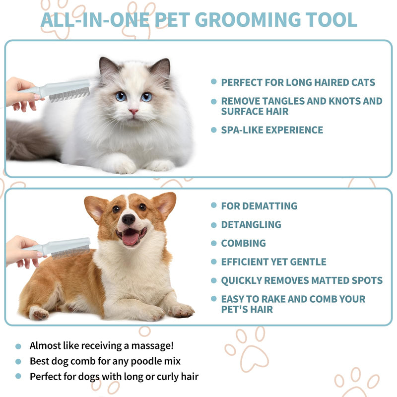 Ropo Pet Grooming Comb for Dogs and Cats, Flea Comb, Long Handled Pet Comb 2 in 1 Long and Short Stainless Steel Metal Teeth for Tangle and Knot Removal - Detangling Brush - BeesActive Australia