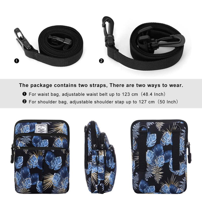 KAMO Multifunction Phone Waist Bag - Diagonal Crossbody Purse for Women & Men N-Blue leaves One Size
