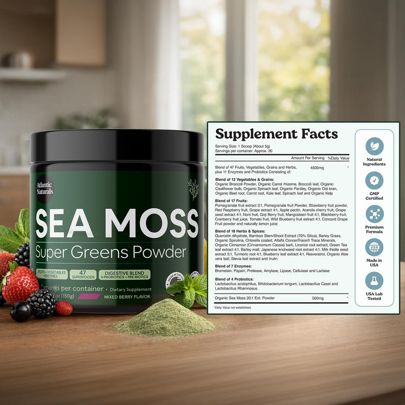 Atlantic Naturals Organic Sea Moss Super Greens Powder Superfood 5000mg | Daily Green Superfood Powder for Energy, Digestion & Immune Support | Enriched with Fruits, Veggies & Probiotics, Mixed Flavor