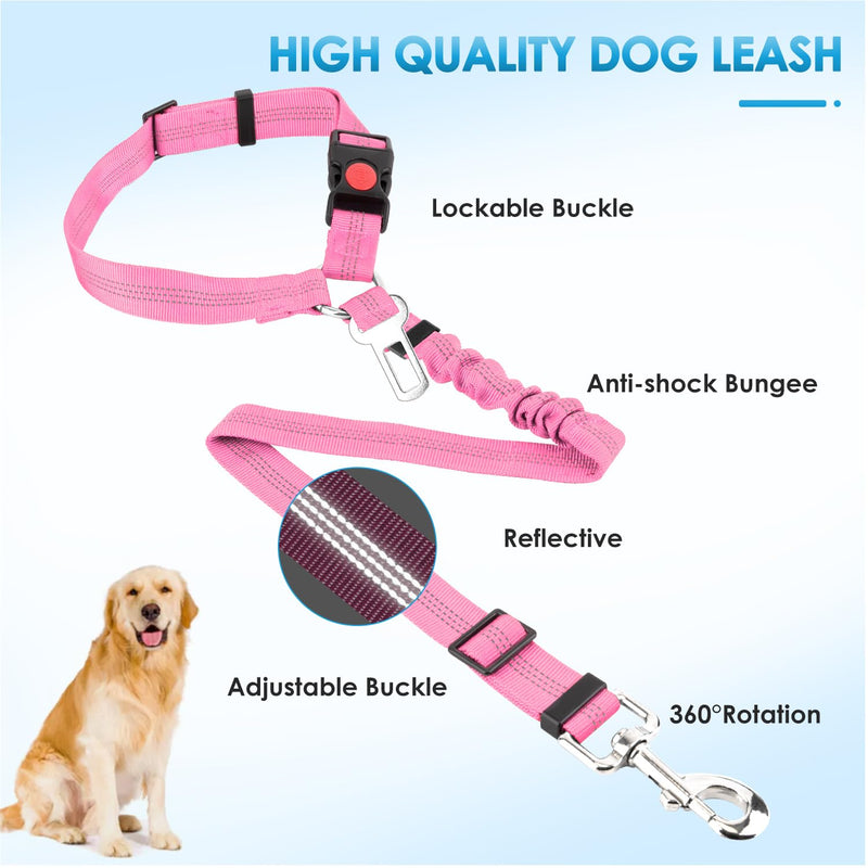 Lukovee Dog Seatbelt Leash for Cars, 2 Pack Pet Safety Car Seat Belt with Adjustable Buckle & Reflective Bungee, Connect Dog Harness in Vehicle Car Dogs Restraint Travel Daily Use (Pink) A-Pink A- Headrest with Clip + 2 in 1 Seat Belt - BeesActive Australia
