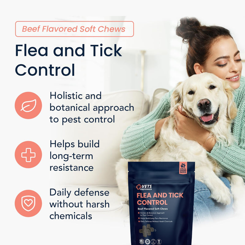 Vets Preferred Flea and Tick Prevention for Dogs Chewable - Daily Defense Without Harsh Chemicals - Immune Support & Antioxidant Protection - Beef Flavored - 90 Soft Chews