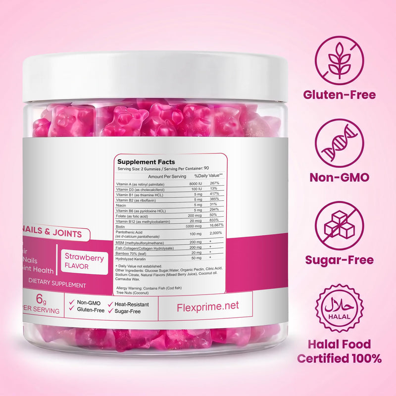Collagen Gummies for Women & Men with Biotin, Hyaluronic Acid & Vitamin C - Hair, Skin & Nails Support | Sugar Free, Halal, Non-GMO Strawberry Chews | 90 Count Collagen Strawberry