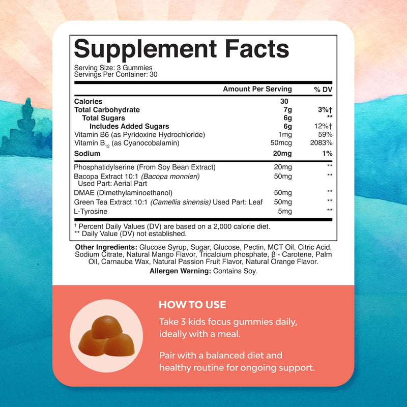 Kids Focus Gummies - Nootropics Brain Support Supplement for Kids with Green Tea Extract, B6 & B12 Vitamins for Memory and Brain Focus - Herbal Concentration Chews for Children - 90 Count 90 Count (Pack of 1)