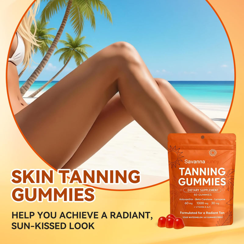 Tanning Gummies for Women Beta-Carotene Astaxanthin Vitamin C&E Vegan 60 Ct