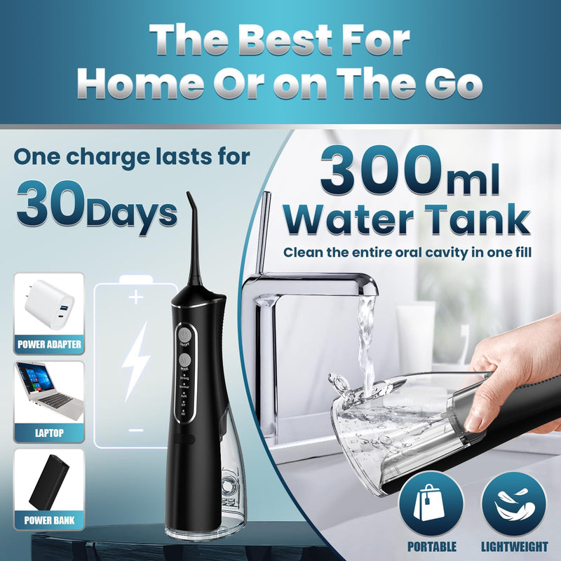 Water Flosser Teeth Cleaner, 4 Modes Cordless Portable Oral Irrigator, 300ML Larger Tank Rechargeable Water Dental Pick with DIY Strength, IPX7 Waterproof Flossing Cleaning Picks for Home Travel Black