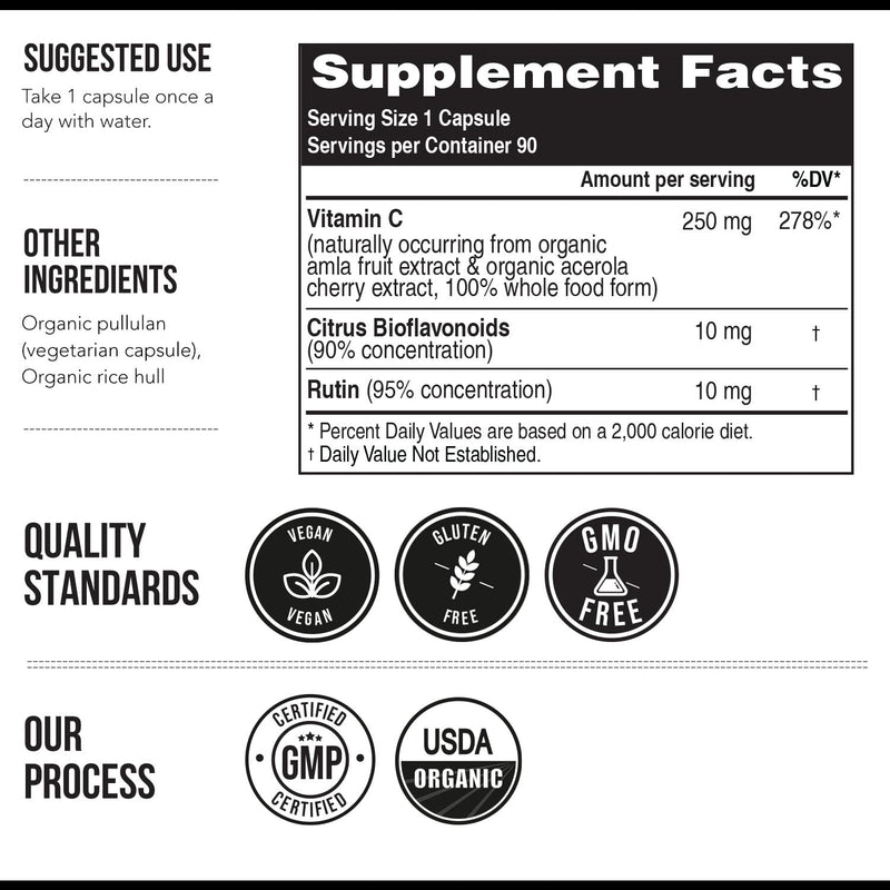 Organic Vitamin C | Whole Food Vitamin C from Fruit Plus Absorption Enhancing Cofactors - Vegan, Enhanced Bioavailability - Immune Support, Antioxidant, Total Health (90 Servings) 90 Count (Pack of 1)