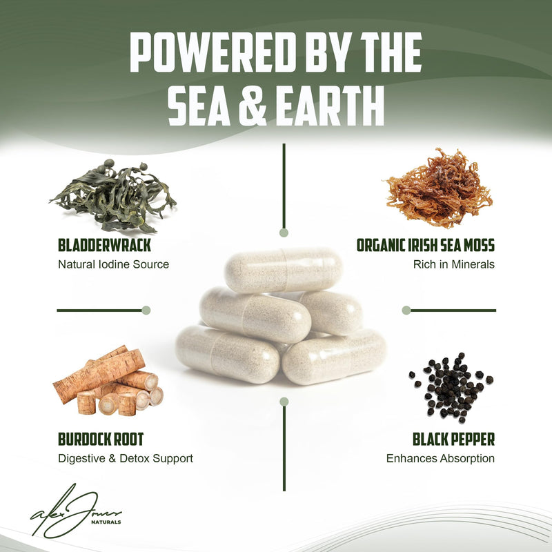 Alex Jones Organic Irish Sea Moss Capsules, Bladderwrack & Burdock - 60 Ct | Organic Irish sea moss with bladderwrack, burdock root & black pepper for immune, energy & digestive wellness Seamoss Capsules