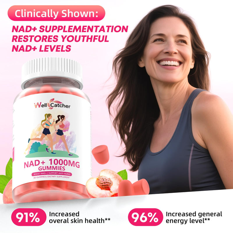 NAD+ Gummies Supplement for Women 1000MG - NAD Plus Gummies for Men Sugar Free Vitamin B3 Niacinamide Pure Organic Boosts NAD Level Anti-Aging Cell Regeneration Energy Brain Peach Flavor 60C