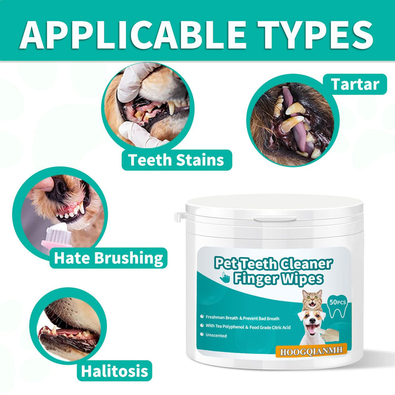 Pet Dental Finger Wipes for Dogs & Cats | Teeth Cleaning Wipes with Natural Formula | Remove Plaque & Tartar | Fresh Breath, Safe & Gentle (50 Count)