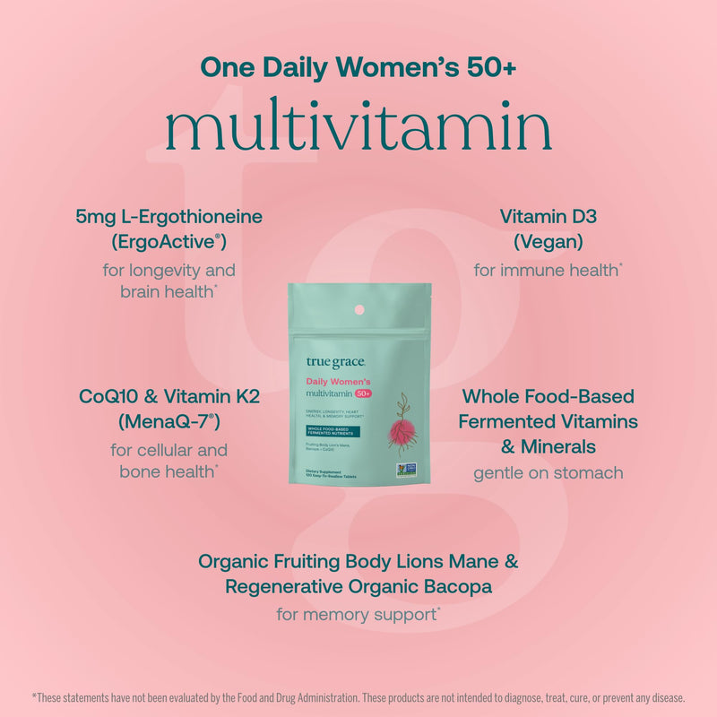 True Grace Daily Women’s Multivitamin 50+ - 120 Easy-to-Swallow Tablets - Immune, Energy, Longevity & Memory Support - Vegan - Gluten, Soy & Iron Free - 60 Servings 60 Day Supply