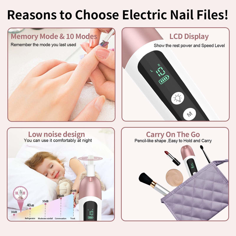 Cordless Electric Nail File Set, Professional Manicure Pedicure Kit with Memory Modes, 10 Speed Portable Nail Drill Machine, Pedicure Tools for feet, Hand Foot Care Tool for Thick Nail Toenail Cuticle Pink