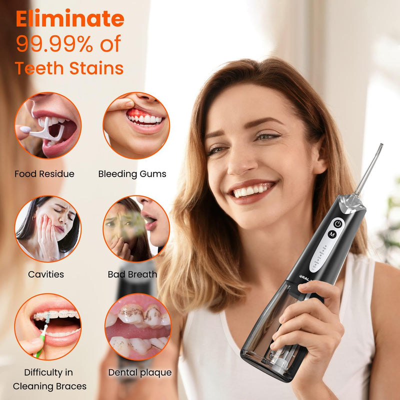 Water Dental Flosser Pick for Teeth - 300ML Portable Cordless Oral Irrigator, Rechargeable Irrigation Cleaner Professional Electric Flossing Machine for Teeth Cleaning Power Flosser Travel (Black) Black