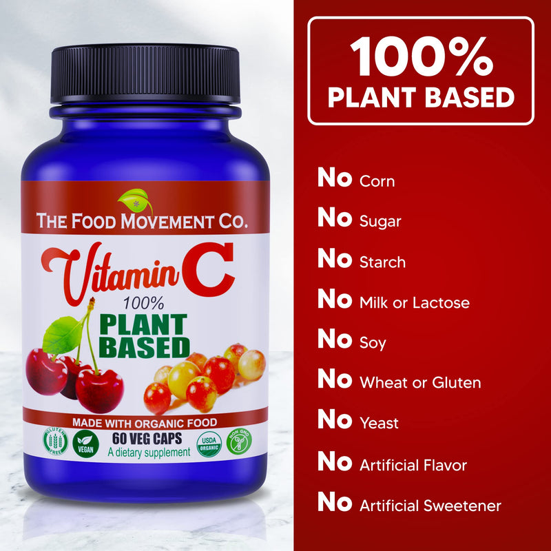 THE FOOD MOVEMENT CO. 100% Plant-Based Vitamin C 60 Capsules 125mg - Adults Immune System Antioxidant Support Dietary Supplement - Whole Food Vegan Supplements from Organic Non-GMO Gluten-Free Fruits