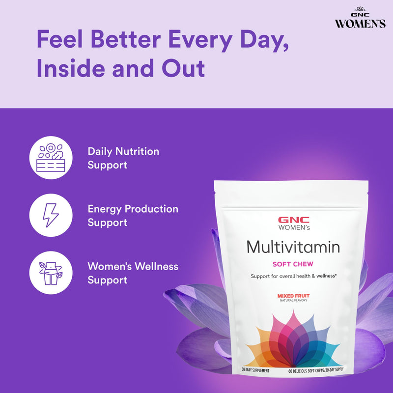 GNC Womens Multivitamin Soft Chew - Mixed Fruit | Supports Womens Overall Health, Enhanced Immune Absorption, Aids Healthy Mood, Supports Metabolism and Energy Production 60 Count (Pack of 1)