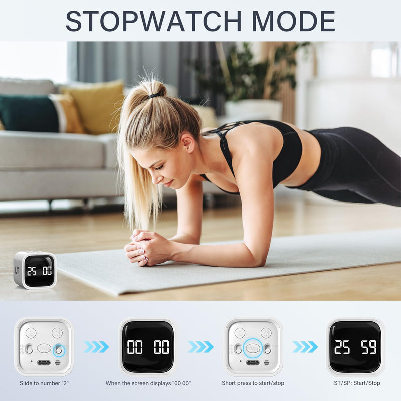 Rotating Pomodoro Timer 5, 25, 10 50 Minutes Preset, Desk Productivity Flip Timer, Cube Countdown Stopwatch for ADHD, Vibration/High/Low Volume, for Work, Study, Back to School, Kitchen, 2 White 2 Pack White