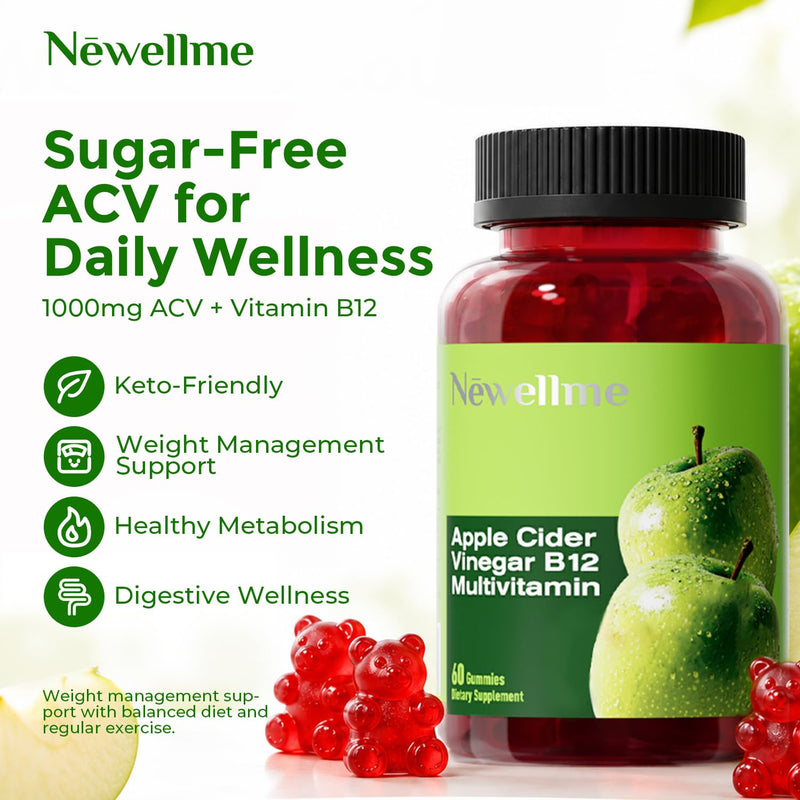 NEWELLME Sugar-Free Apple Cider Vinegar Gummies with B12,30 Counts | 1000mg ACV with The Mother,0g sugar ACV gummies,Digestive Wellness Support,Energy Metabolism Support,Keto-Friendly Formula 30 Count (Pack of 1)
