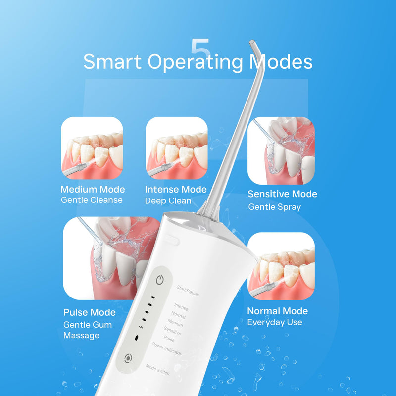 Water Flosser Cordless Oral Irrigator 300ML Detachable Water Tank Rechargeable Electric Dental Flosser 5 Modes Waterproof Teeth Cleaner Teeth Pick Portable for Braces & Sensitive Gums Travel – White