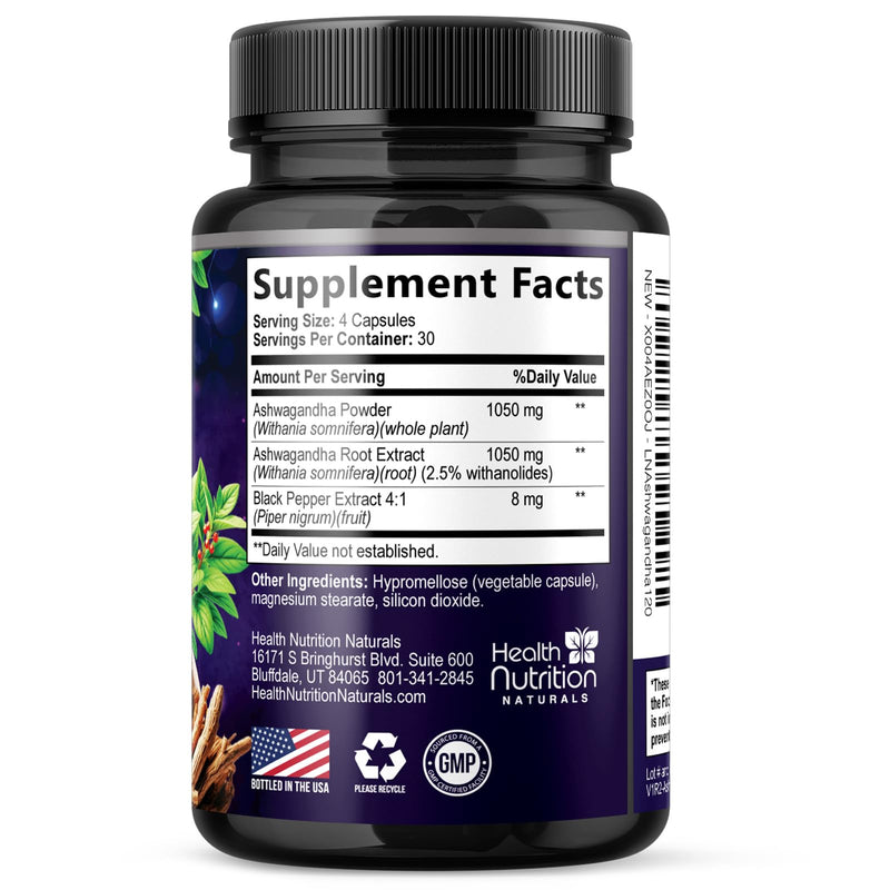 Ashwagandha Supplements - Best Ashwagandha Root & Powder Capsule with Black Pepper for Max Absorption - Naturally Calm & Unwind for Women & Men - Vegan, Gluten Free, USA Bottled - 120 Capsules 120 Count (Pack of 1)