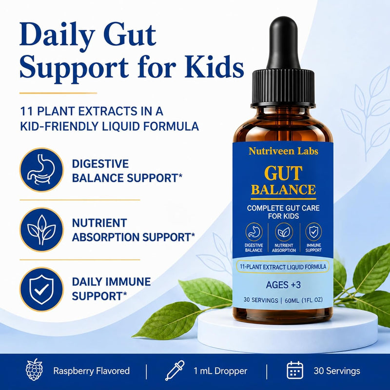 Gut Balance for Kids, 11-Plant Liquid, Raspberry, 60 Servings | Measured dropper, plant-based formula, no pills or capsules, simple daily use