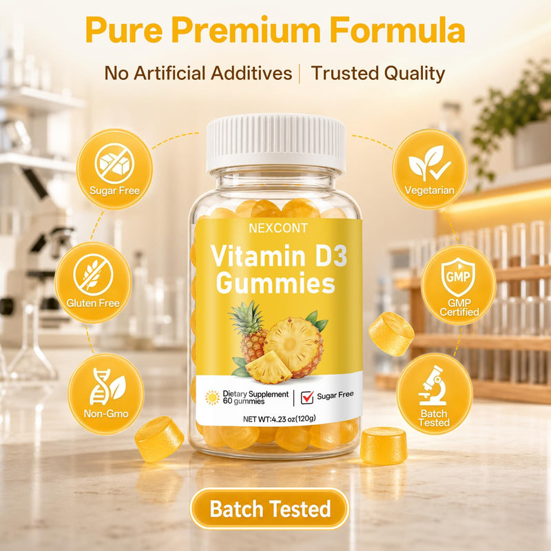 Vitamin D3 Gummies, Bone & Immune Support Daily Supplement, 400IU Gentle Formula for Men & Women, Sugar Free Non-GMO Gluten Free Vegan Pineapple Flavor, 60 Count (30 Day Supply)