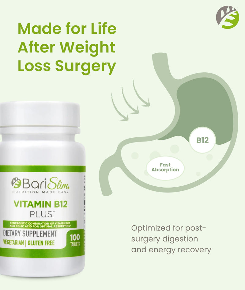 BariSlim Vitamin B12 Plus Tablets - Bariatric Formulated for Post Weight Loss Surgery, Including Gastric Bypass & Gastric Sleeve - Supports Energy Levels & Overall Health | Cherry Flavor