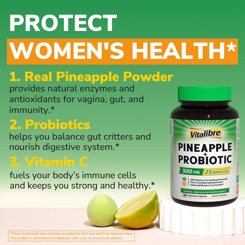 Vitalibre Pineapple + Probiotic, 300 mg, 25 Billion CFUs, 13 Strains, Natural Vitamin C, Powerful Antioxidants, for Immunity, Vaginal, Gut Health, 30 Vegan Capsules, Non GMO